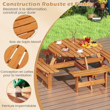 Load image into Gallery viewer, Ensemble Table de Pique-Nique en Bois pour 2 à 8 Personnes Set Table et Banc Circulaire avec 4 Bancs Intégrés Trou de Parasol de 5cm Marron/Jaune -