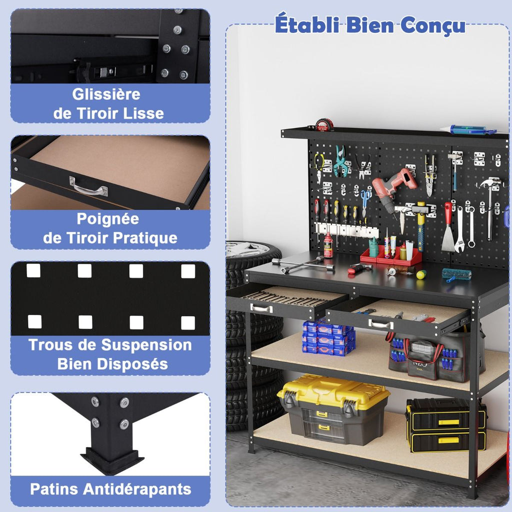 tabli de Bricolage 121 x 61 cm Table de Travail en Mtal de 230 kg avec 3 Panneaux Perfors 24 Accessoires de Suspension Noir/Bleu Marine -