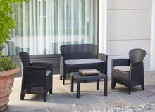Load image into Gallery viewer, Dmora - Set salon d'extérieur Ostuni, Salon de jardin composé de 2 fauteuils, 1 canapé et 1 table basse, salon effet rotin avec coussins, 100% Made in Italy, Anthracite