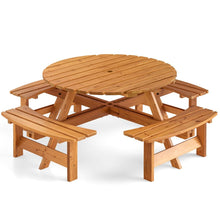Load image into Gallery viewer, Ensemble Table de Pique-Nique en Bois pour 2  8 Personnes Set Table et Banc Circulaire avec 4 Bancs Intgrs Trou de Parasol de 5cm Marron/Jaune -