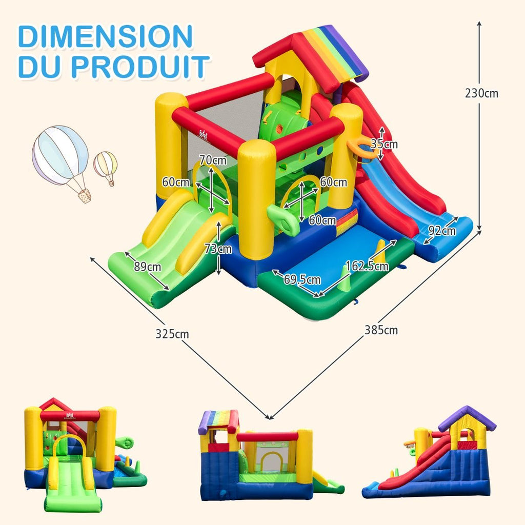 Château Gonflable à Thème Arc-en-ciel 7 en 1 avec Ventilateur Double Toboggans Piscine à Balles Panier de Basket Charge 90kg -