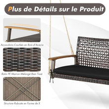 Load image into Gallery viewer, Banc Suspendu de Jardin en Rotin 2 Place Accoudoirs en Bois d'Acacia Cadre en Métal Coussin Cordes Crochets Blanc/Noir -