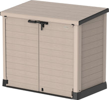 Load image into Gallery viewer, Duramax StoreAway 1200L Plastic Garden Shed/ Flat Lid,Outdoor Storage Shed,Wheelie Bin Hideaways,Wheelie bin box,Durable Construction,Ideal for Bikes,BBQs &amp; 2x 240L Bins,145x85x125 cm,Brown