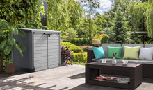 Load image into Gallery viewer, Duramax StoreAway 1200L Plastic Garden Shed/ Flat Lid,Outdoor Storage Shed,Wheelie Bin Hideaways,Wheelie bin box,Durable Construction,Ideal for Bikes,BBQs &amp; 2x 240L Bins,145x85x125 cm,Brown