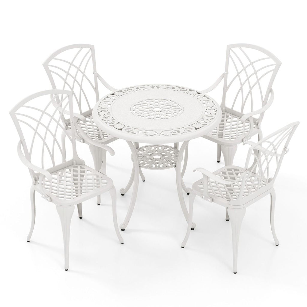 5 Pcs Salon de Jardin en Fonte d'Aluminium Trou pour Parasol Repose-pieds Réglables Ensemble de Table Ronde et 4 Chaises Blanc -