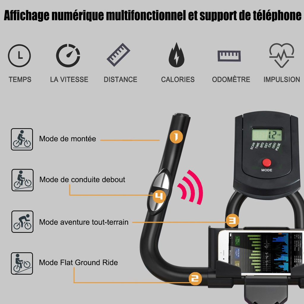 Vélo d’appartement silencieux avec roue et guidon en acier -