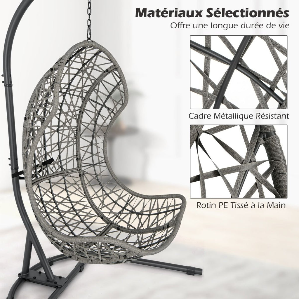 Chaise Oeuf en Rotin PE avec Support avec Oreiller et Coussin Chaise Suspendue avec Accessoires de Suspension Capacit 160 Kg Gris -