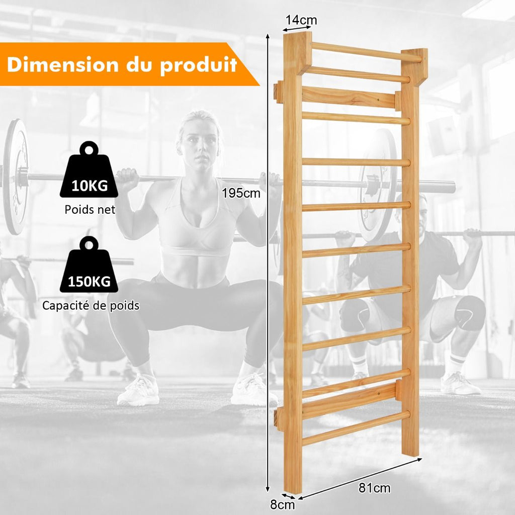Espalier Mural Espalier de Gymnastique Capacité 150 kg Diamètre Barre 3,3 cm en Bois de Pin 195x80x14cm Naturel -