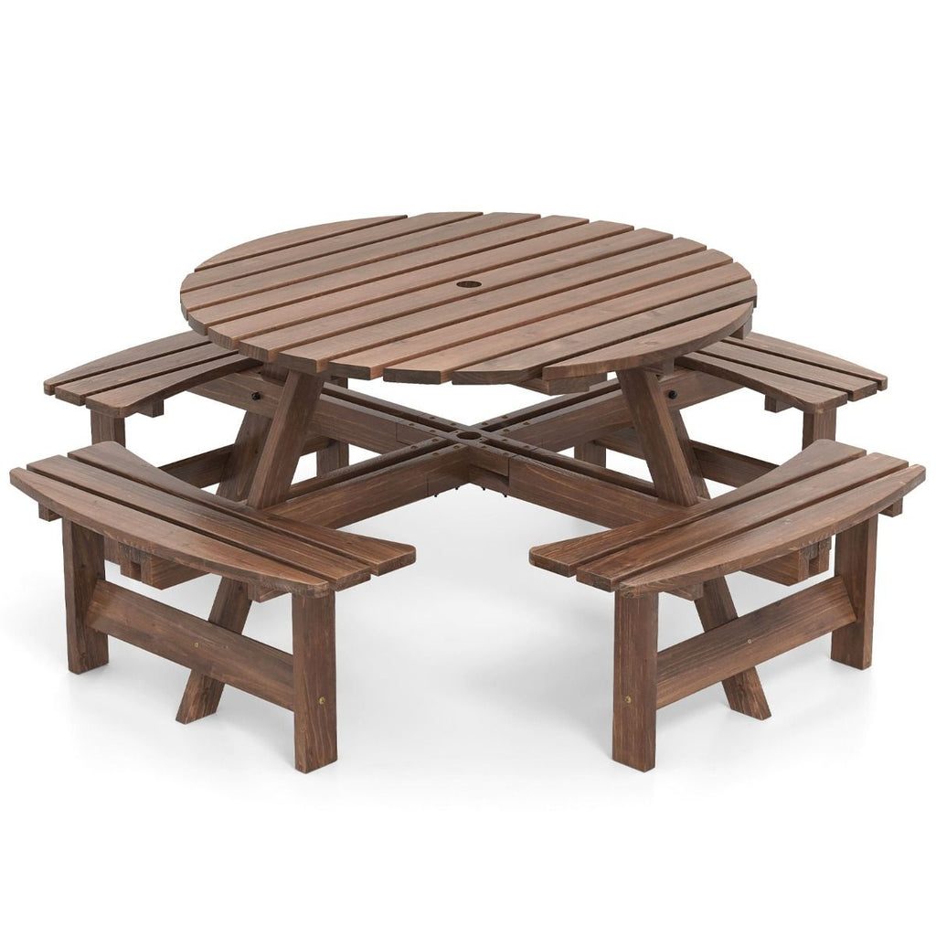 Ensemble Table de Pique-Nique en Bois pour 2 à 8 Personnes Set Table et Banc Circulaire avec 4 Bancs Intégrés Trou de Parasol de 5cm Marron/Jaune -