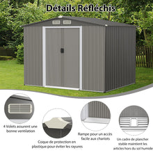 Load image into Gallery viewer, Abri de Jardin Métal Extérieur 9.74m³ Acier Galvanisé avec Fondation 4 Persiennes Double Porte et Rampe 260 x 207 x 181 cm Gris Foncé/Gris Clair -