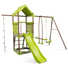 Load image into Gallery viewer, Balançoire 7-en-1 Aire de Jeu en Métal avec Fort Couvert Réglable en Hauteur Corde d'Escalade Bac à Sable Glisseur Toboggan Ondulé Vert -