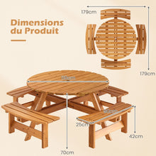 Load image into Gallery viewer, Ensemble Table de Pique-Nique en Bois pour 2 à 8 Personnes Set Table et Banc Circulaire avec 4 Bancs Intégrés Trou de Parasol de 5cm Marron/Jaune -