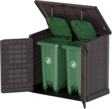 Load image into Gallery viewer, Duramax StoreAway 1200L Plastic Garden Shed/ Flat Lid,Outdoor Storage Shed,Wheelie Bin Hideaways,Wheelie bin box,Durable Construction,Ideal for Bikes,BBQs &amp; 2x 240L Bins,145x85x125 cm,Brown