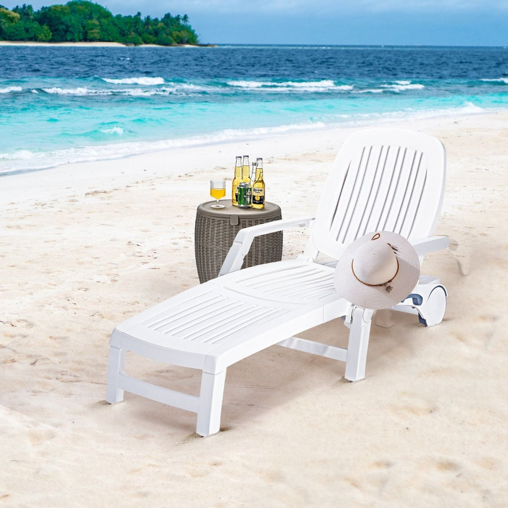 Chaise Longue Inclinable Rglable  5 Positions avec Roues Flexibles Fauteuil Relax de Camping avec Bo卯te de Rangement Charge 150KG Blanc -