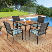 Load image into Gallery viewer, Ensemble de Meubles de Patio 5 Pièces Salon de Jardin 4 Fauteuils en Rotin avec Coussins et Table Carrée avec Trou pour Parasol -