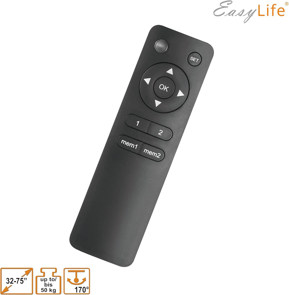 EasyLife Support TV Mural pivotant électriquement jusqu'à 170°, Support Mural VESA jusqu'à 600x400 pour LCD/OLED, téléviseur, Moniteur, écran, Smartboard de 32-75 Pouces & 50kg Max (Blanc)