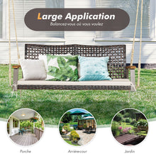 Load image into Gallery viewer, Banc Suspendu de Jardin en Rotin 2 Place Accoudoirs en Bois d'Acacia Cadre en Métal Coussin Cordes Crochets Blanc/Noir -