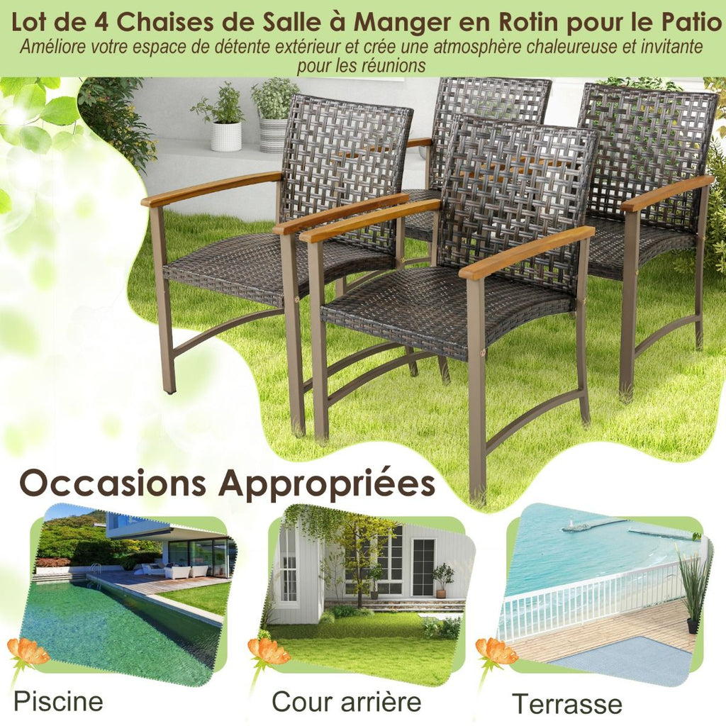 Ensemble de 4 Chaises en Rotin pour l'Extérieur Chaises avec Accoudoirs en Bois d'Acacia Structure Métallique Robuste Chaises Ergonomiques -