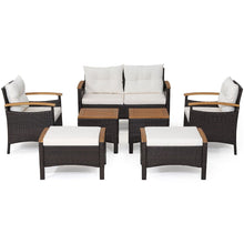 Load image into Gallery viewer, Ensemble de Canaps de Patio en Rotin PE 7 Pices avec Coussins d'Assise et de Dossier 2 Poufs 2 Tables Basses Plateau de Table -
