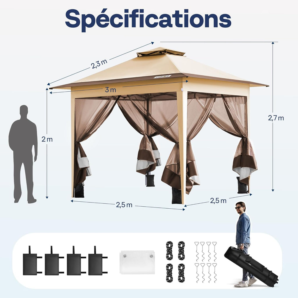 VIVOHOME Tente Écran Tonnelle Pliante Portable résistant à l'eau Barnum Pavillon de Jardin avec Moustiquaire 2 Portes à Fermeture Éclair et Sac Roulant (Beige & Marron, 3x3 m)