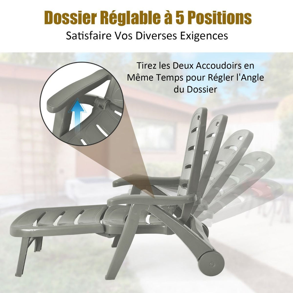 Chaise Longue Pliable Dossier Inclinable à 5 Positions avec Roues Intégrées pour Terrasse Jardin Piscine 150 kg Gris/Blanc/Bleu -