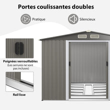 Load image into Gallery viewer, Abri de Jardin Mtal Extrieur 9.74m鲁 Acier Galvanis avec Fondation 4 Persiennes Double Porte et Rampe 260 x 207 x 181 cm Gris Fonc/Gris Clair -