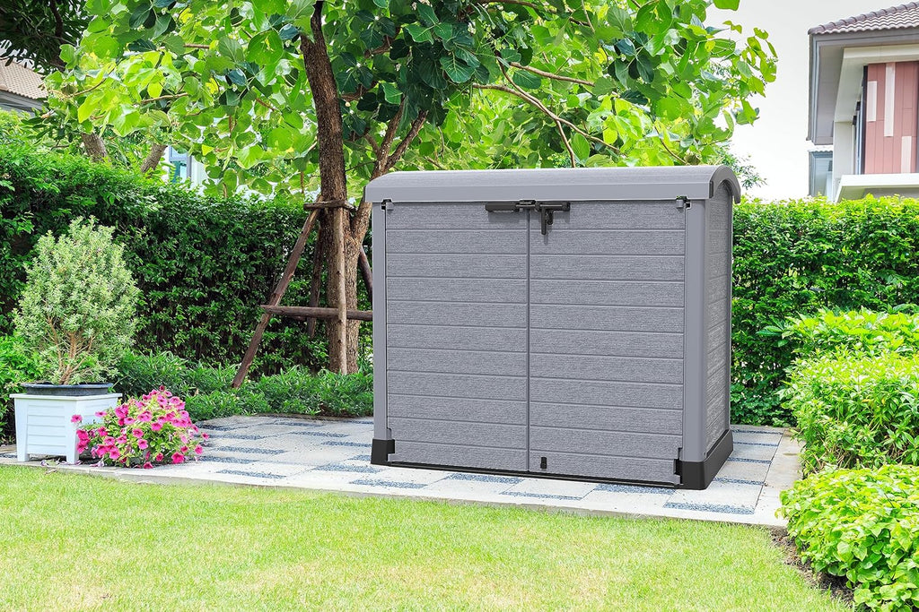 Duramax StoreAway 1200L Plastic Garden Shed/ Flat Lid,Outdoor Storage Shed,Wheelie Bin Hideaways,Wheelie bin box,Durable Construction,Ideal for Bikes,BBQs & 2x 240L Bins,145x85x125 cm,Brown