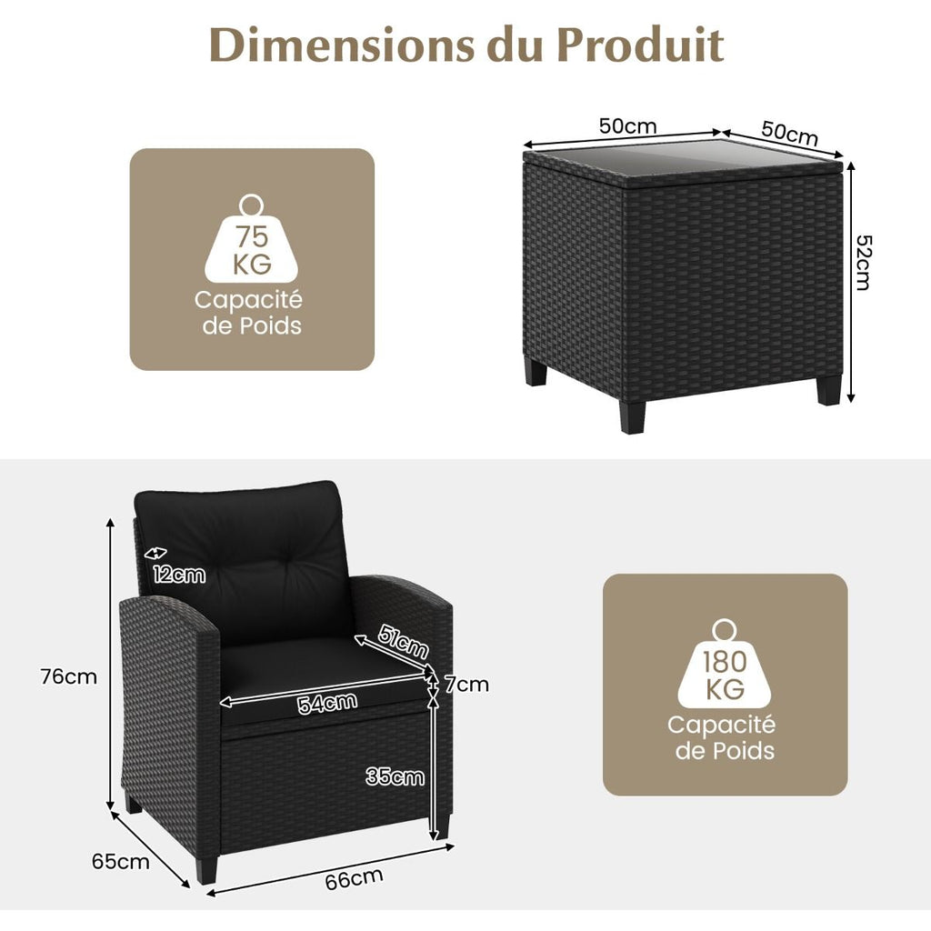 Ensemble de Meubles 3 Pices de Patio en Rotin Charge 180KG Salon de Jardin 2 Fauteuils Table Basse avec Plateau Noir/Beige/Blanc -