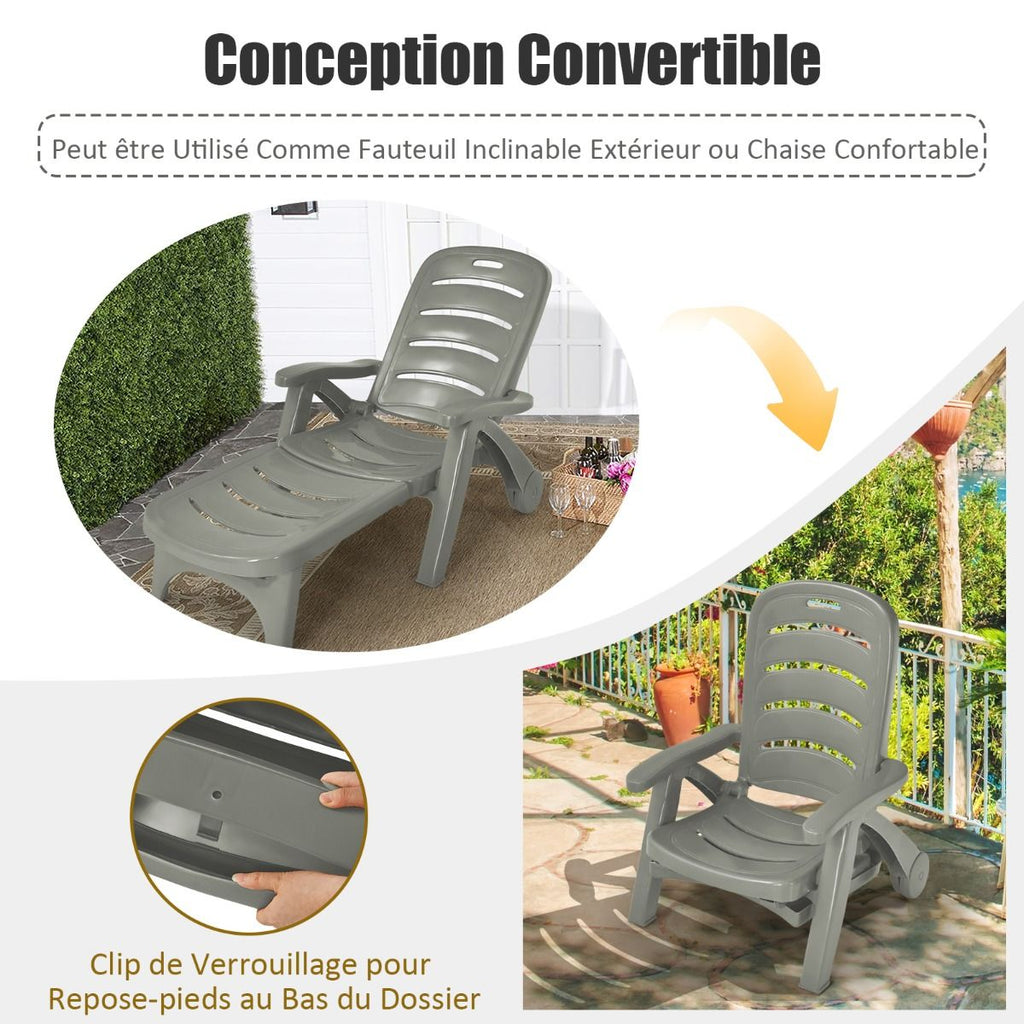 Chaise Longue Pliable Dossier Inclinable à 5 Positions avec Roues Intégrées pour Terrasse Jardin Piscine 150 kg Gris/Blanc/Bleu -
