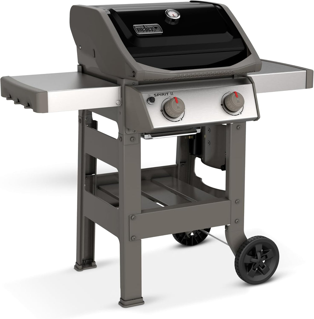 Spirit II E-210 GBS Barbecue à Gaz,2 Brûleurs,Surface de Cuisson 51 x 46 cm,Thermomètre de Couvercle,Table d'Appoint Rabattable (Gauche),4 Roues - Noir et Argent (44010153)