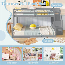 Load image into Gallery viewer, Twin Over Full Bunk Bed with Storage Stairs, Solid Wood Floor Bunk Bed with Full-Length Guardrails, Low Bunk Bed with for Kids Teens Adults