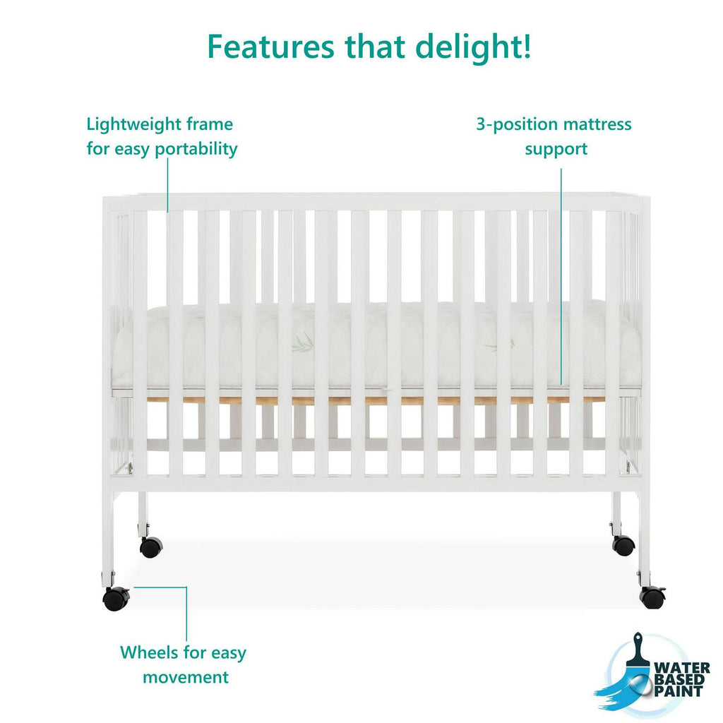 Dream on Me Quinn Full - Size Folding Crib. Removable Wheels. Modern Nursey. Adjustable Mattress Support. Patent Folding System in White