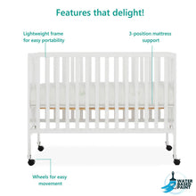 Load image into Gallery viewer, Dream on Me Quinn Full - Size Folding Crib. Removable Wheels. Modern Nursey. Adjustable Mattress Support. Patent Folding System in White