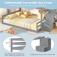 Load image into Gallery viewer, Twin Over Full Bunk Bed with Storage Stairs, Solid Wood Floor Bunk Bed with Full-Length Guardrails, Low Bunk Bed with for Kids Teens Adults