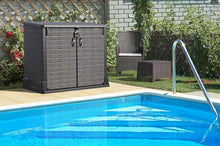 Load image into Gallery viewer, Duramax StoreAway 1200L Plastic Garden Shed/ Flat Lid,Outdoor Storage Shed,Wheelie Bin Hideaways,Wheelie bin box,Durable Construction,Ideal for Bikes,BBQs &amp; 2x 240L Bins,145x85x125 cm,Brown