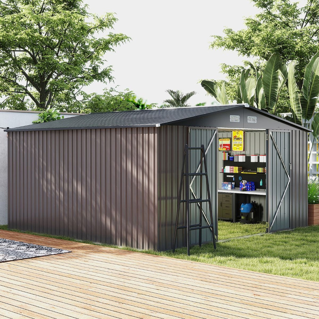 Abri de Stockage Extrieur Grand Hangar  Outils avec Design de Toit Inclin Portes Fermables avec Cls 4 Arations 350x350x198cm Gris -
