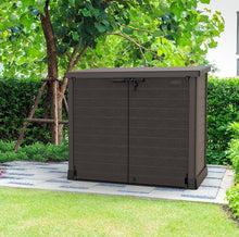 Load image into Gallery viewer, Duramax StoreAway 1200L Plastic Garden Shed/ Flat Lid,Outdoor Storage Shed,Wheelie Bin Hideaways,Wheelie bin box,Durable Construction,Ideal for Bikes,BBQs &amp; 2x 240L Bins,145x85x125 cm,Brown
