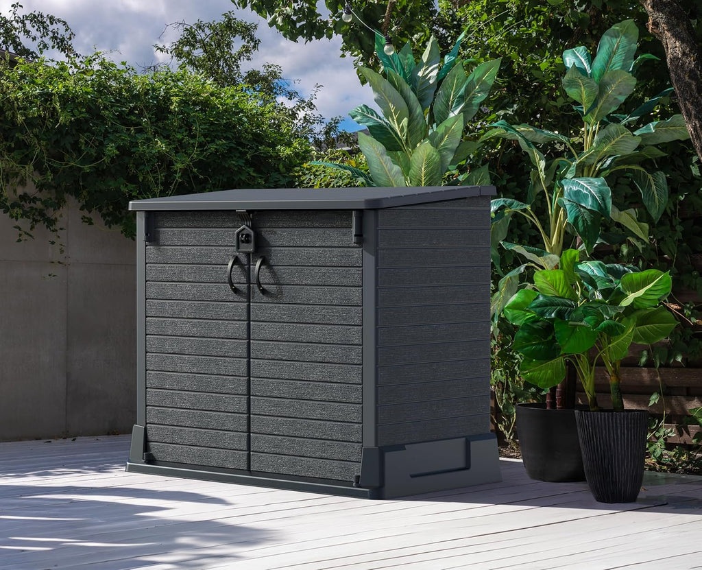 Duramax StoreAway 1200L Plastic Garden Shed/ Flat Lid,Outdoor Storage Shed,Wheelie Bin Hideaways,Wheelie bin box,Durable Construction,Ideal for Bikes,BBQs & 2x 240L Bins,145x85x125 cm,Brown