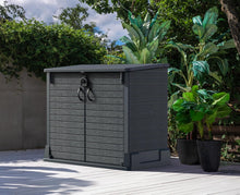 Load image into Gallery viewer, Duramax StoreAway 1200L Plastic Garden Shed/ Flat Lid,Outdoor Storage Shed,Wheelie Bin Hideaways,Wheelie bin box,Durable Construction,Ideal for Bikes,BBQs &amp; 2x 240L Bins,145x85x125 cm,Brown