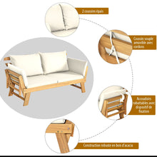 Load image into Gallery viewer, Chaise Longue Convertible avec Coussin Canapé de Jardin 2 en 1 en Bois d’Acacia avec Accoudoir Réglable pour Patio Piscine Jardin Blanc/Gris/Bleu/Rouge -