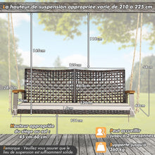 Load image into Gallery viewer, Banc Suspendu de Jardin en Rotin 2 Place Accoudoirs en Bois d'Acacia Cadre en Mtal Coussin Cordes Crochets Blanc/Noir -