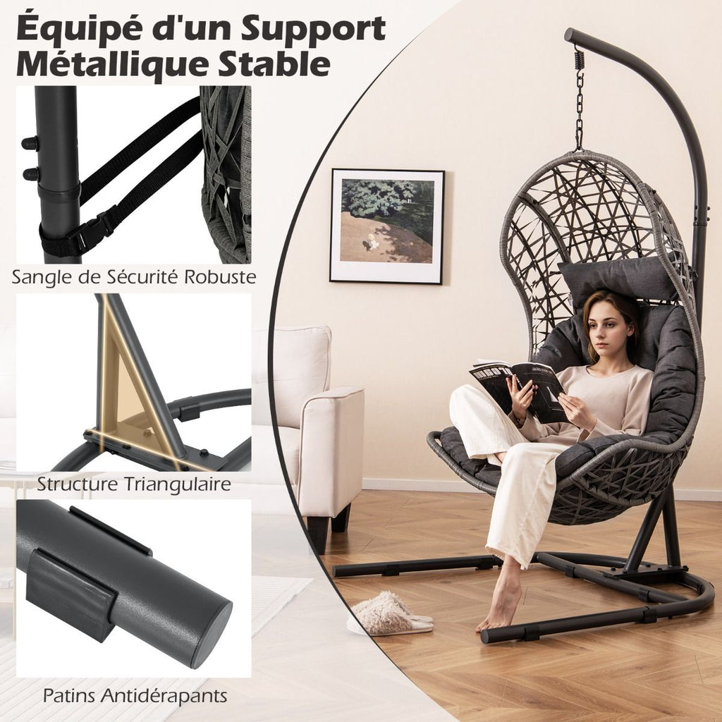 Chaise Oeuf en Rotin PE avec Support avec Oreiller et Coussin Chaise Suspendue avec Accessoires de Suspension Capacité 160 Kg Gris -