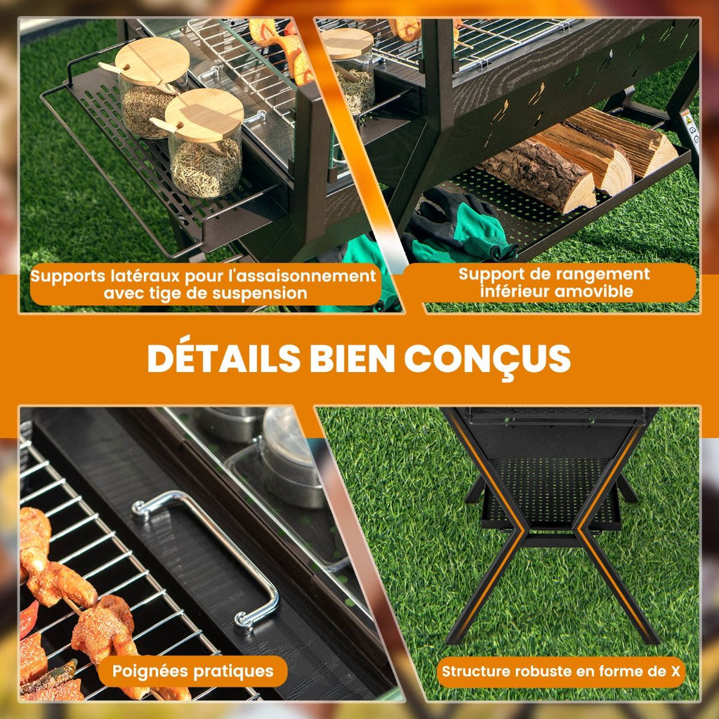 Barbecue  Charbon de Bois Gril au Charbon de Bois en Acier Inoxydable avec Pare-vent Supports d'Assaisonnement tagre de Rangement Marron -