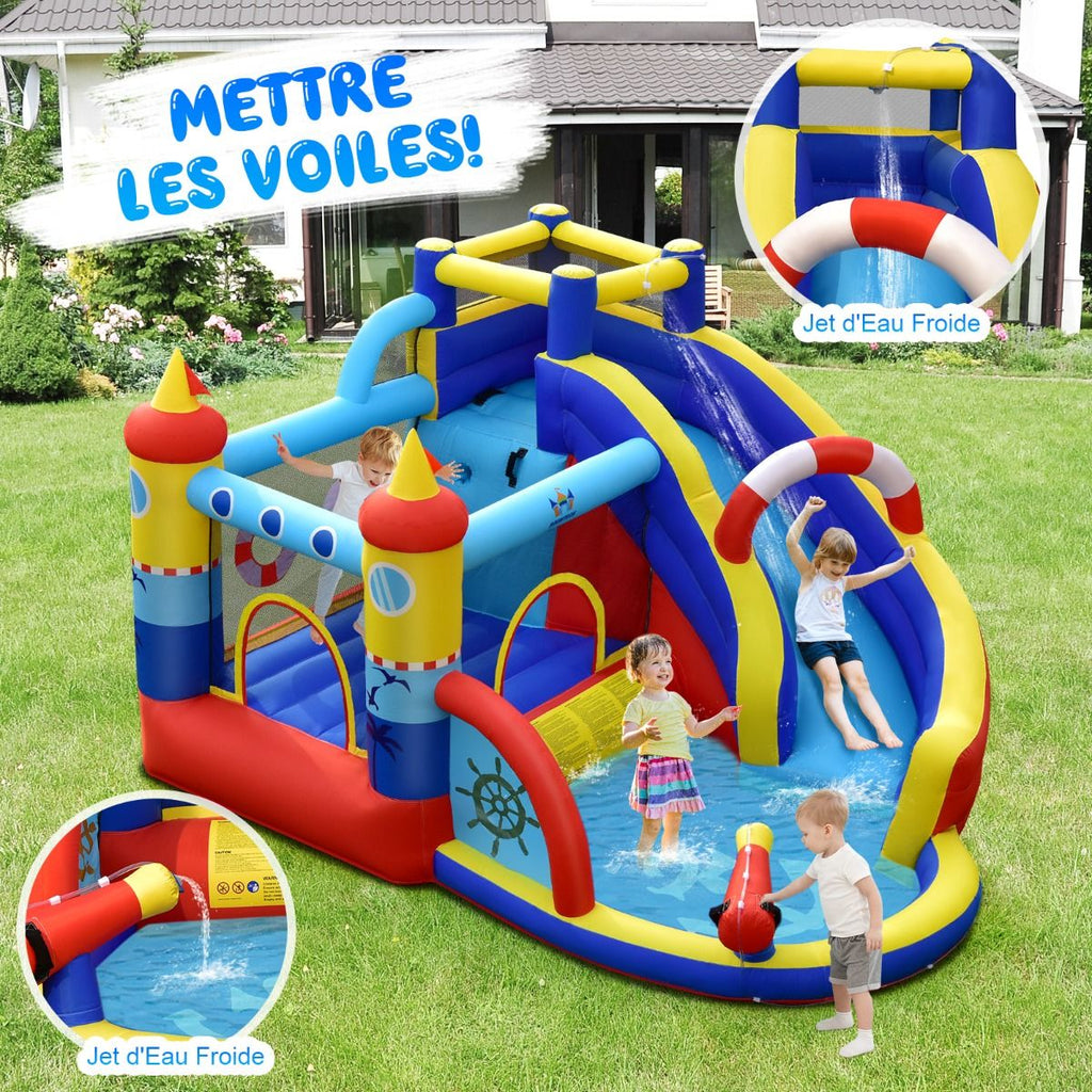 Ch芒teau Gonflable Style Bateau avec Toboggan Incurv Zone de Saut Mur d'Escalade Gonfleur non Inclus -