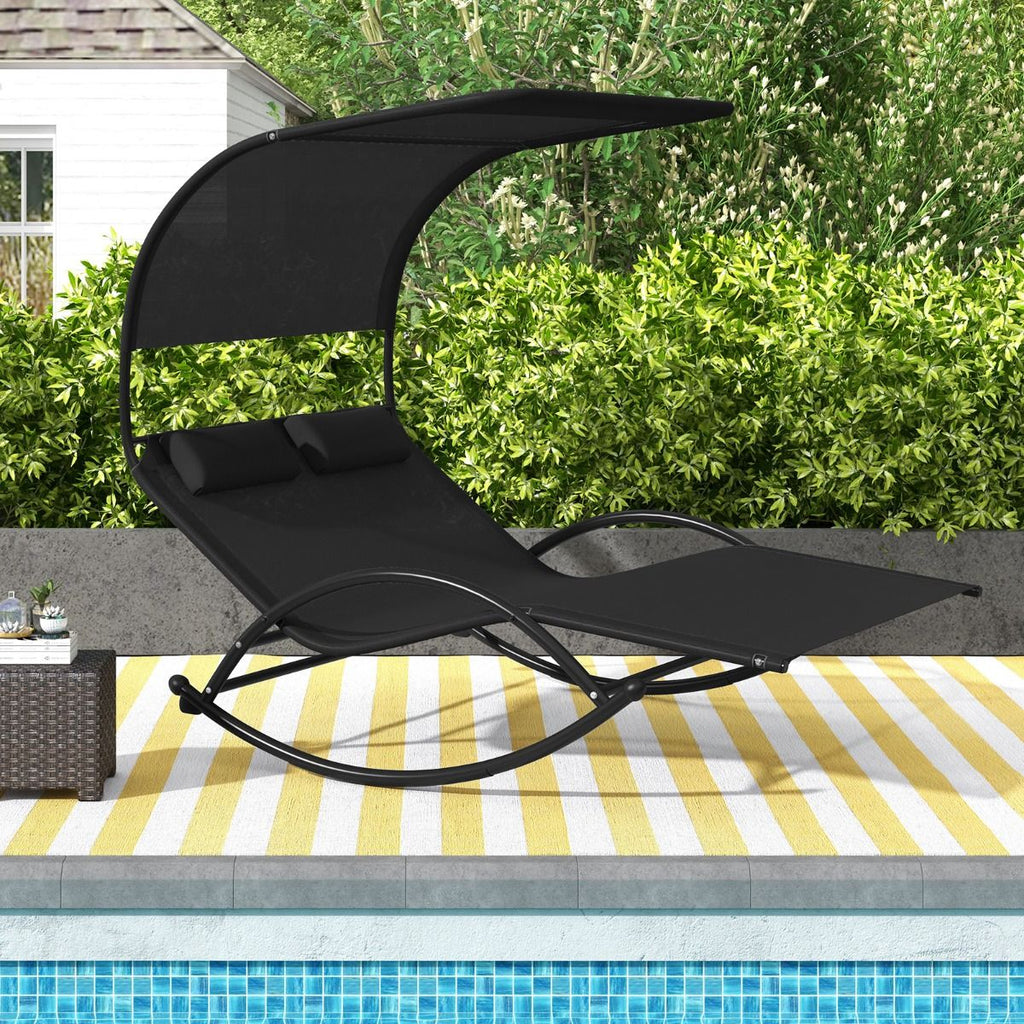 Chaise Longue Double Chaise à Bascule pour 2 Personnes 2 Appui-Têtes Amovibles Cadre en Métal Robuste Lit de Repos Ergonomique 2 Places Gris/Noir/Beige -