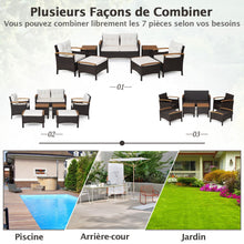 Load image into Gallery viewer, Ensemble de Canapés de Patio en Rotin PE 7 Pièces avec Coussins d'Assise et de Dossier 2 Poufs 2 Tables Basses Plateau de Table -