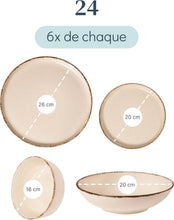 Load image into Gallery viewer, Ensemble Vaisselle en Grès 6 Personnes Rustique 24 pièces - Service de Table Rustique, Lavable au Lave-Vaisselle - Ensemble de Bols et Assiettes - Vaisselle de Table Pure Living en beige