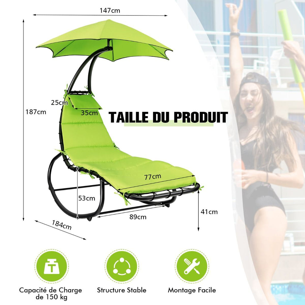 Bain de Soleil à Bascule Transat Suspendu avec Pare-Soleil & Coussin Hamac Charge 150KG 184 cm x 147 cm x 187 cm Vert -