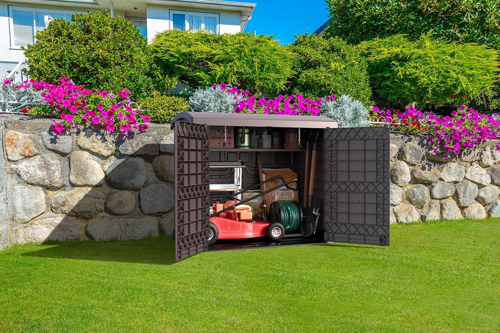 Duramax StoreAway 1200L Plastic Garden Shed/ Flat Lid,Outdoor Storage Shed,Wheelie Bin Hideaways,Wheelie bin box,Durable Construction,Ideal for Bikes,BBQs & 2x 240L Bins,145x85x125 cm,Brown