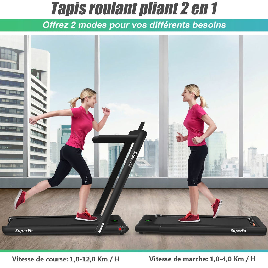 2 en 1 Tapis de Course Electrique Pliable 1  12 Km/H avec Haut-parleur Bluetooth Tlcommande Moteur 0,75HP Vert/Blanc/Noir/Rouge/Or/Noir et Argent/Bleu -